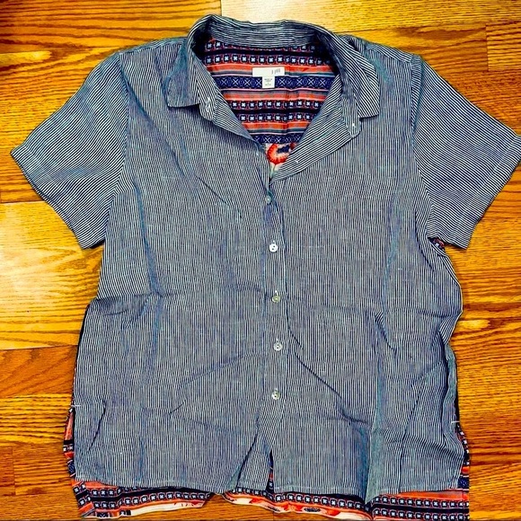 J. Jill Linen Blue & White Stripe Button Down Shirt W/ Sheer Floral Print Back - Picture 2 of 16